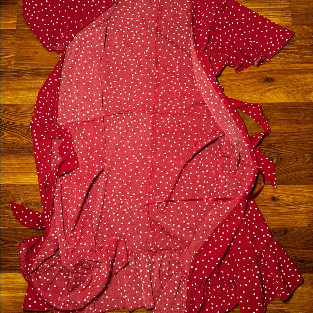 White Polka Dot Short Sleeve Red Ruffle Mini Wrap Dress - Picture 6 of 9